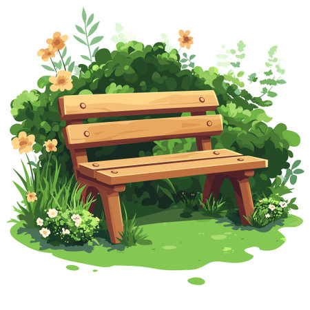 Cozy place. The park bench stands among the green bushes and flowers. Fresh summer greens. Vector illustration in cartoon style.のイラスト素材