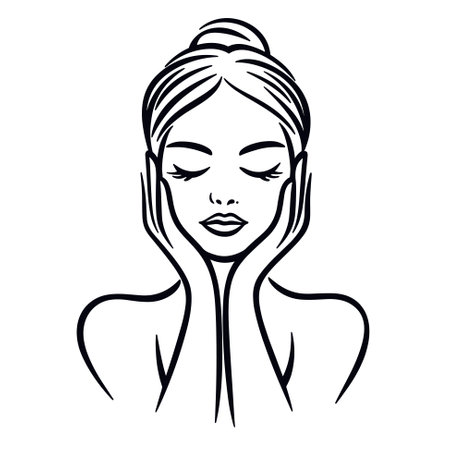 Line drawing abstract woman face with hands vector illustration. Stylized female face. Woman beauty fashion concept.のイラスト素材