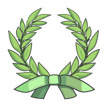 Laurel wreath. Vector illustration of a round wreath of laurel branches with green leaves isolated on a white background.のイラスト素材