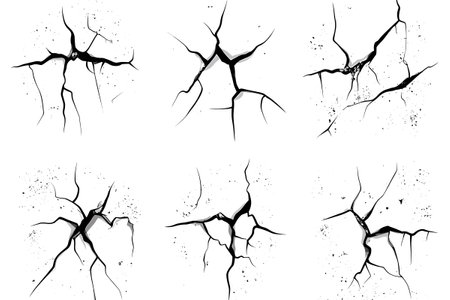 Cracks set. Crack in the ground, cracked paint and damaged wall texture. Isolated vector elements for Cracks Grunge Urban Background. Texture Vector. Texture with many cracks and scratches. Crackle.のイラスト素材