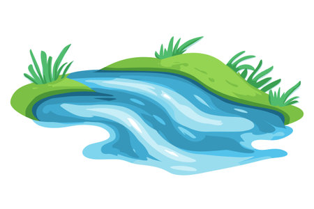 Water Resources with Pond and Narrow Stream Among Banks of Channel Vector Illustrationのイラスト素材