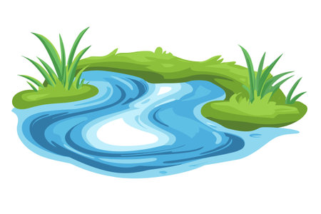Water Resources with Pond and Narrow Stream Among Banks of Channel Vector Illustrationのイラスト素材