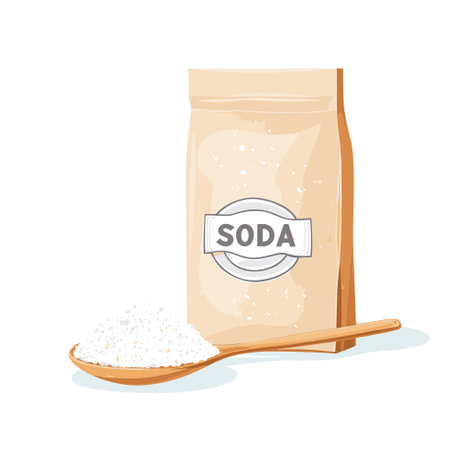 Hand drawn cartoon baking soda in a paper bag isolated on a white background. Vector illustration.のイラスト素材