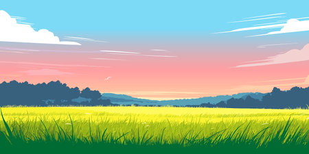 Spring landscape with green hills, meadows and pastures. Sunrise in the background. Vector panorama.のイラスト素材