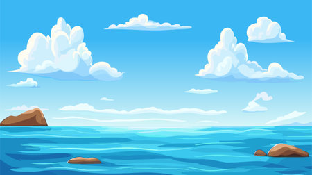 Blue Sky, Cloud Background, Horizon Spring Clear Sky in Morning by the beach, Vector beautiful seascape in Summer, Backdrop panoramic banner white clouds over blue oceanのイラスト素材