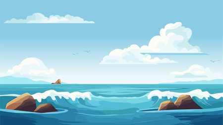 Blue Sky, Cloud Background, Horizon Spring Clear Sky in Morning by the beach, Vector beautiful seascape in Summer, Backdrop panoramic banner white clouds over blue oceanのイラスト素材