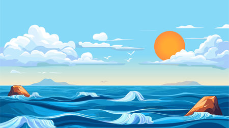 Blue Sky, Cloud Background, Horizon Spring Clear Sky in Morning by the beach, Vector beautiful seascape in Summer, Backdrop panoramic banner white clouds over blue oceanのイラスト素材
