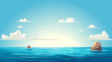 Blue Sky, Cloud Background, Horizon Spring Clear Sky in Morning by the beach, Vector beautiful seascape in Summer, Backdrop panoramic banner white clouds over blue oceanのイラスト素材