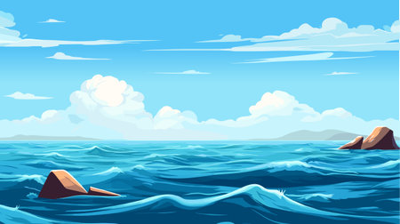 Blue Sky, Cloud Background, Horizon Spring Clear Sky in Morning by the beach, Vector beautiful seascape in Summer, Backdrop panoramic banner white clouds over blue oceanのイラスト素材