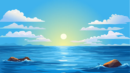 Blue Sky, Cloud Background, Horizon Spring Clear Sky in Morning by the beach, Vector beautiful seascape in Summer, Backdrop panoramic banner white clouds over blue oceanのイラスト素材