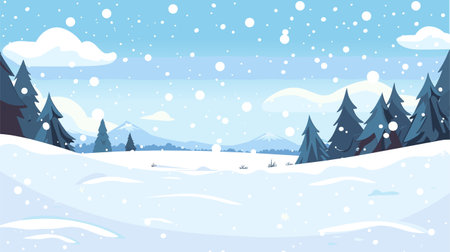 Winter Landscape, Snow Fields, Pine Trees. Snowfall vector scene. Snowfield. Winter Holidays background, banner or greeting card template.のイラスト素材