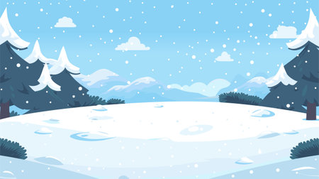 Winter Landscape, Snow Fields, Pine Trees. Snowfall vector scene. Snowfield. Winter Holidays background, banner or greeting card template.のイラスト素材