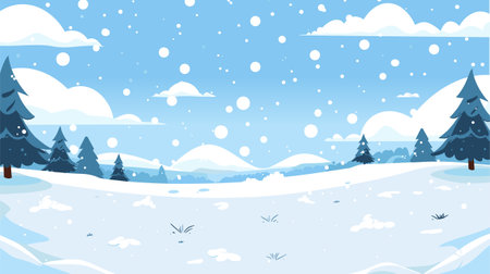 Winter Landscape, Snow Fields, Pine Trees. Snowfall vector scene. Snowfield. Winter Holidays background, banner or greeting card template.のイラスト素材