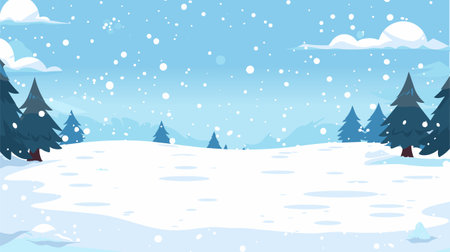 Winter Landscape, Snow Fields, Pine Trees. Snowfall vector scene. Snowfield. Winter Holidays background, banner or greeting card template.のイラスト素材