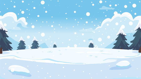 Winter Landscape, Snow Fields, Pine Trees. Snowfall vector scene. Snowfield. Winter Holidays background, banner or greeting card template.のイラスト素材