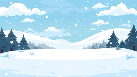 Winter Landscape, Snow Fields, Pine Trees. Snowfall vector scene. Snowfield. Winter Holidays background, banner or greeting card template.のイラスト素材