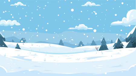 Winter Landscape, Snow Fields, Pine Trees. Snowfall vector scene. Winter Holidays background, banner or greeting card template.のイラスト素材