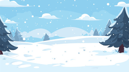 Winter Landscape, Snow Fields, Pine Trees. Snowfall vector scene. Winter Holidays background, banner or greeting card template.のイラスト素材