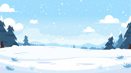 Winter Landscape, Snow Fields, Pine Trees. Snowfall vector scene. Winter Holidays background, banner or greeting card template.のイラスト素材