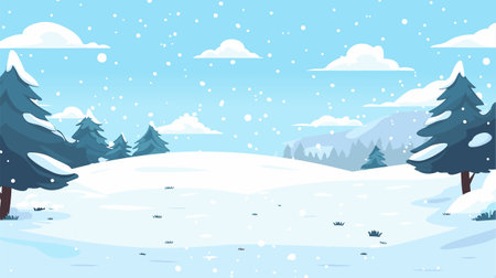 Winter Landscape, Snow Fields, Pine Trees. Snowfall vector scene. Winter Holidays background, banner or greeting card template.のイラスト素材