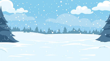 Winter Landscape, Snow Fields, Pine Trees. Snowfall vector scene. Winter Holidays background, banner or greeting card template.のイラスト素材