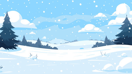 Winter Landscape, Snow Fields, Pine Trees. Snowfall vector scene. Winter Holidays background, banner or greeting card template.のイラスト素材