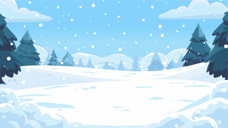 Winter Landscape, Snow Fields, Pine Trees. Snowfall vector scene. Winter Holidays background, banner or greeting card template.のイラスト素材