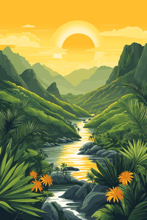 Beautiful mountain jungle river scenery, mountain ridges, dense tropical forest, palms agave.のイラスト素材