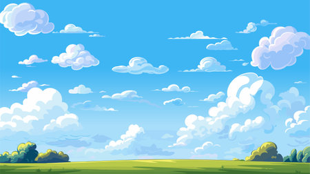 Bright blue sky and clouds above green fields, meadows. Summer vector illustration.のイラスト素材
