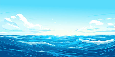 Summer calmness seascape. Blue sea or ocean, blue clear sky. Small waves, ripples on the water. Vector illustration.のイラスト素材