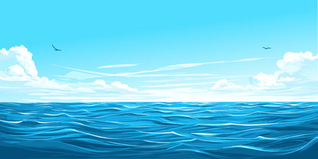 Summer calmness seascape. Blue sea or ocean, blue clear sky. Small waves, ripples on the water. Vector illustration.のイラスト素材