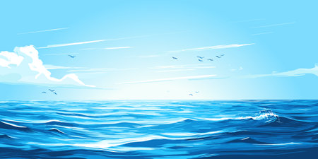 Summer calmness seascape. Blue sea or ocean, blue clear sky. Small waves, ripples on the water. Vector illustration.のイラスト素材