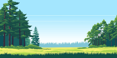 Woodland edge of wild forest with big green trees, summer sunny day nature vector illustration panorama backgroundのイラスト素材