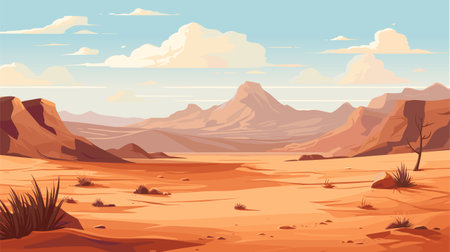 Landscape with sand desert under blue sky, vector illustration panorama backgroundのイラスト素材