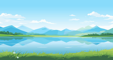 Mountain lake beautiful spring summer landscape vector illustration panorama.のイラスト素材
