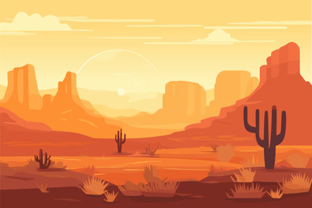 Sunset in the Arizona desert. Cactuses silhouettes on the background of rocks. Vector illustrationのイラスト素材