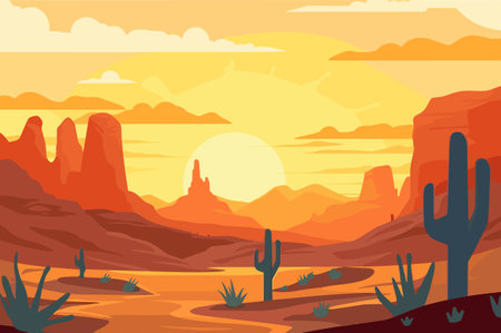 Sunset in the Arizona desert. Cactuses silhouettes on the background of rocks. Vector illustrationのイラスト素材