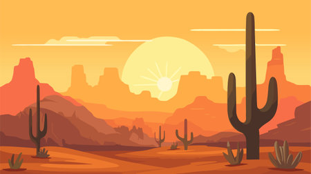 Sunset in the Arizona desert. Cactuses silhouettes on the background of rocks. Vector illustrationのイラスト素材