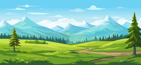 Beautiful panorama landscape of a mountain range, green meadow and blue sky with clouds. Natural Park.のイラスト素材