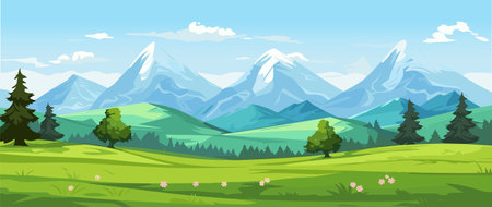 Beautiful panorama landscape of a mountain range, green meadow and blue sky with clouds. Natural Park.のイラスト素材