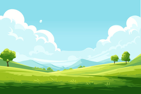 Vector illustration of beautiful summer fields meadows landscape, green hills, blue sky, country banner template.のイラスト素材