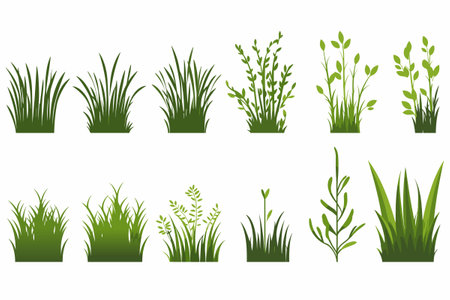 Fragments of green grass. Set of clumps of grass in various shapes and sizes. Cartoon style vector illustration.のイラスト素材