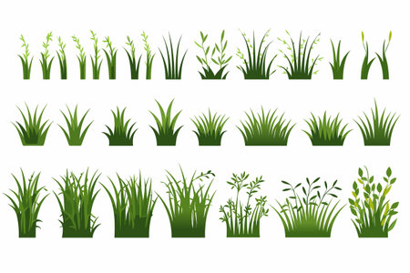 Fragments of green grass. Set of clumps of grass in various shapes and sizes. Cartoon style vector illustration.のイラスト素材