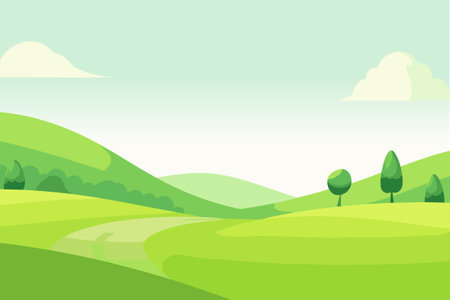 Summer or spring country landscape, with road trail leading among green hills and meadowsのイラスト素材