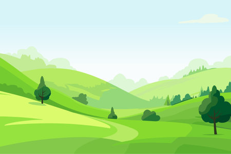 Summer or spring country landscape, with road trail leading among green hills and meadowsのイラスト素材