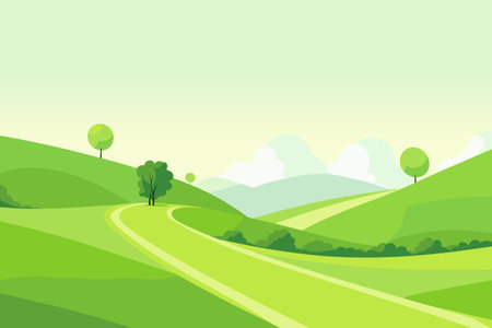Summer or spring country landscape, with road trail leading among green hills and meadowsのイラスト素材