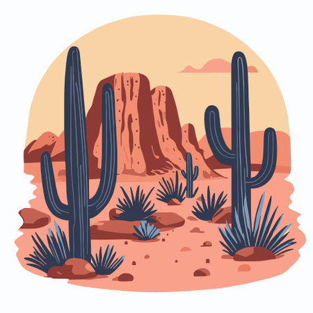 Sunset in the Arizona desert. Cactuses on the background of rocks. Vector illustrationのイラスト素材