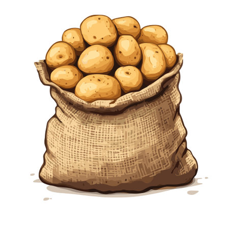 Sack of potatoes. Cartoon burlap bag full of ripe potatoes, vector illustration.のイラスト素材