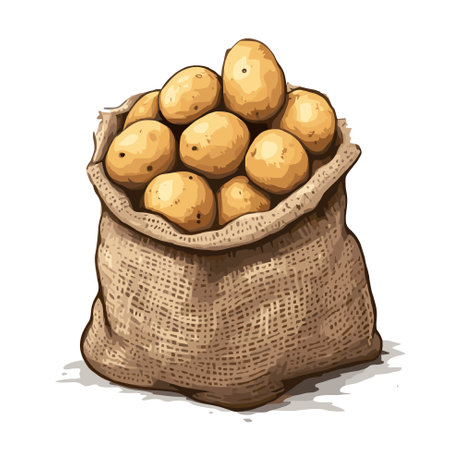 Sack of potatoes. Cartoon burlap bag full of ripe potatoes, vector illustration.のイラスト素材