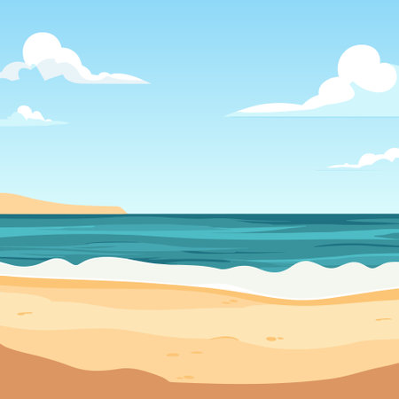 Ocean coastline. Vector illustration of summer beach, tropical ocean coastline with beautiful sky, sand beach. Marine landscape background. Seascape view.のイラスト素材